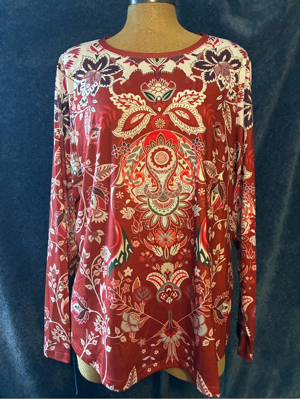 Long Sleeve Red Floral Paisley Print Tee